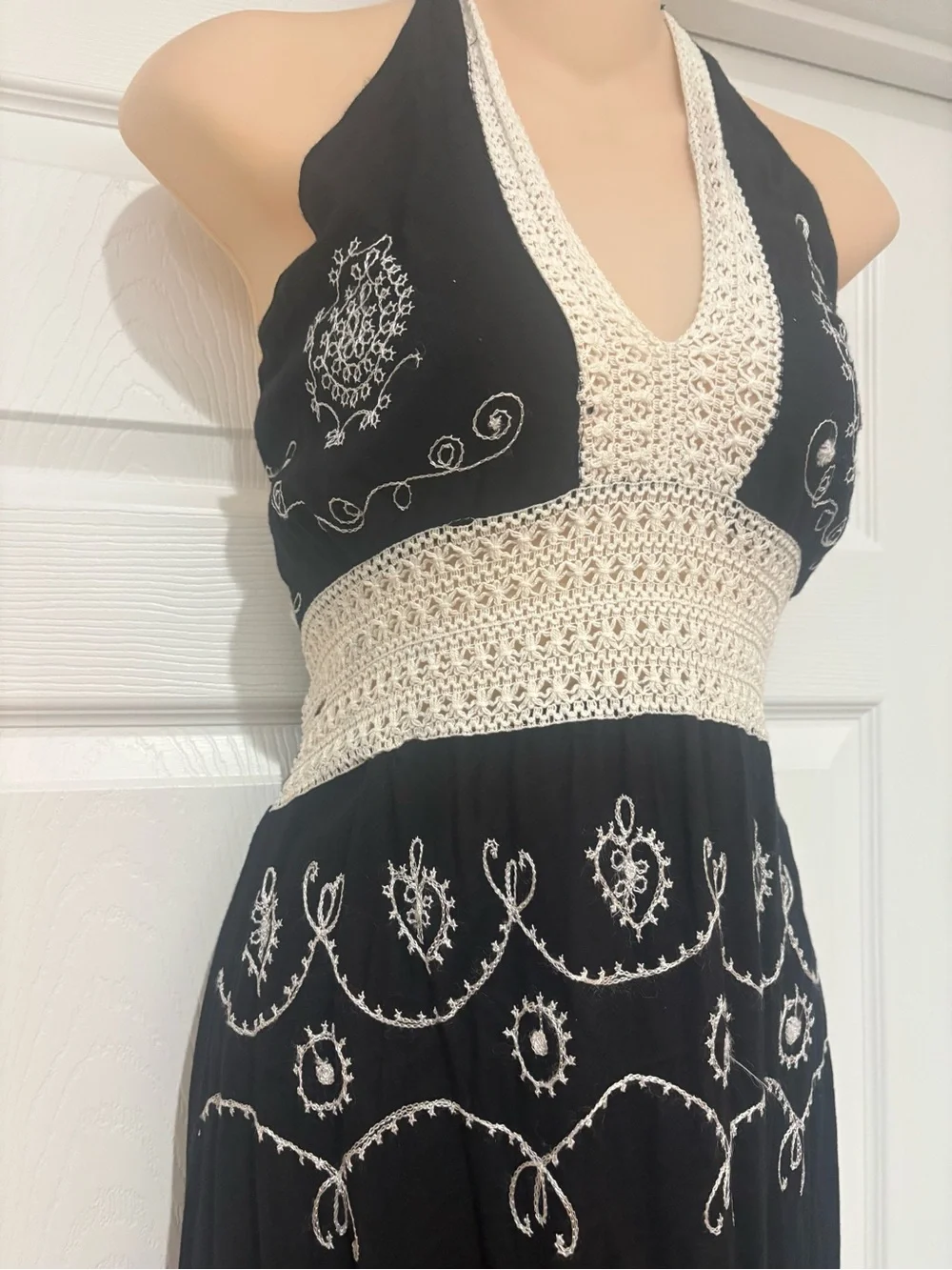 Black Halter Maxi Dress with White Crochet Trim - Picture 2 of 5